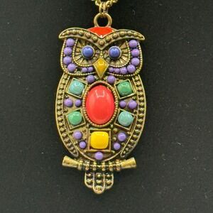 ZAD Owl Pendant Necklace Multicolored Stones Accents Gold Tone‎ Chain